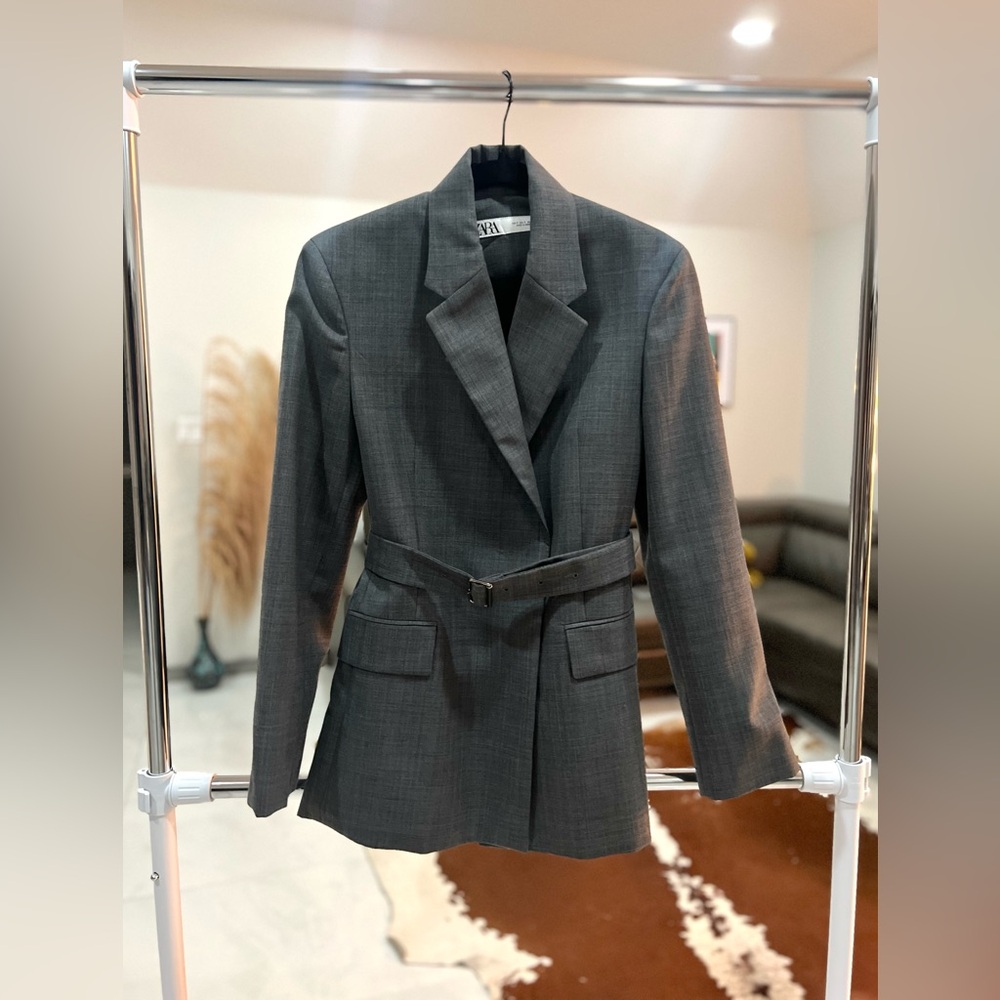Zara belted gray wool blend fitted blazer Sz S